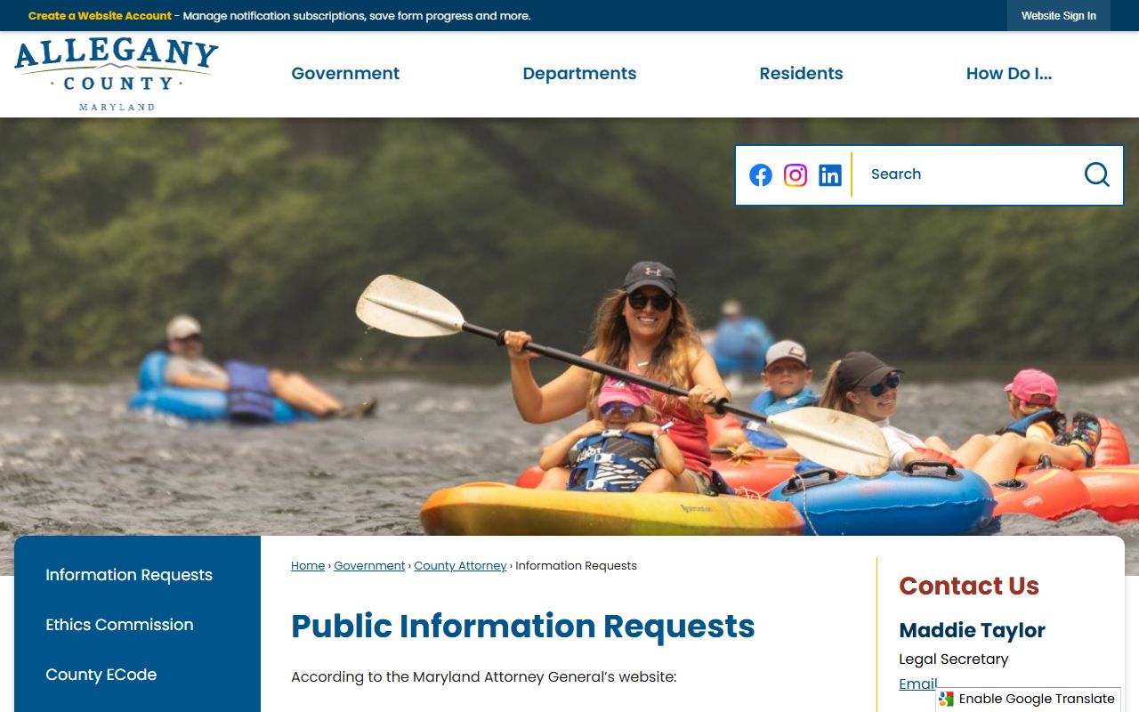 Allegany County PIA request page for inmate population records