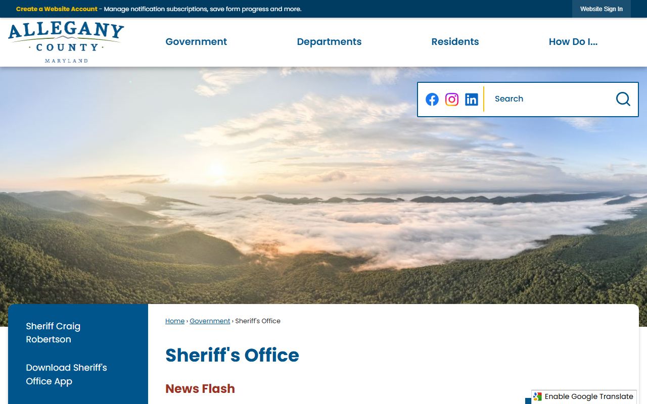 Allegany County Sheriff's Office page for inmate population and law enforcement services