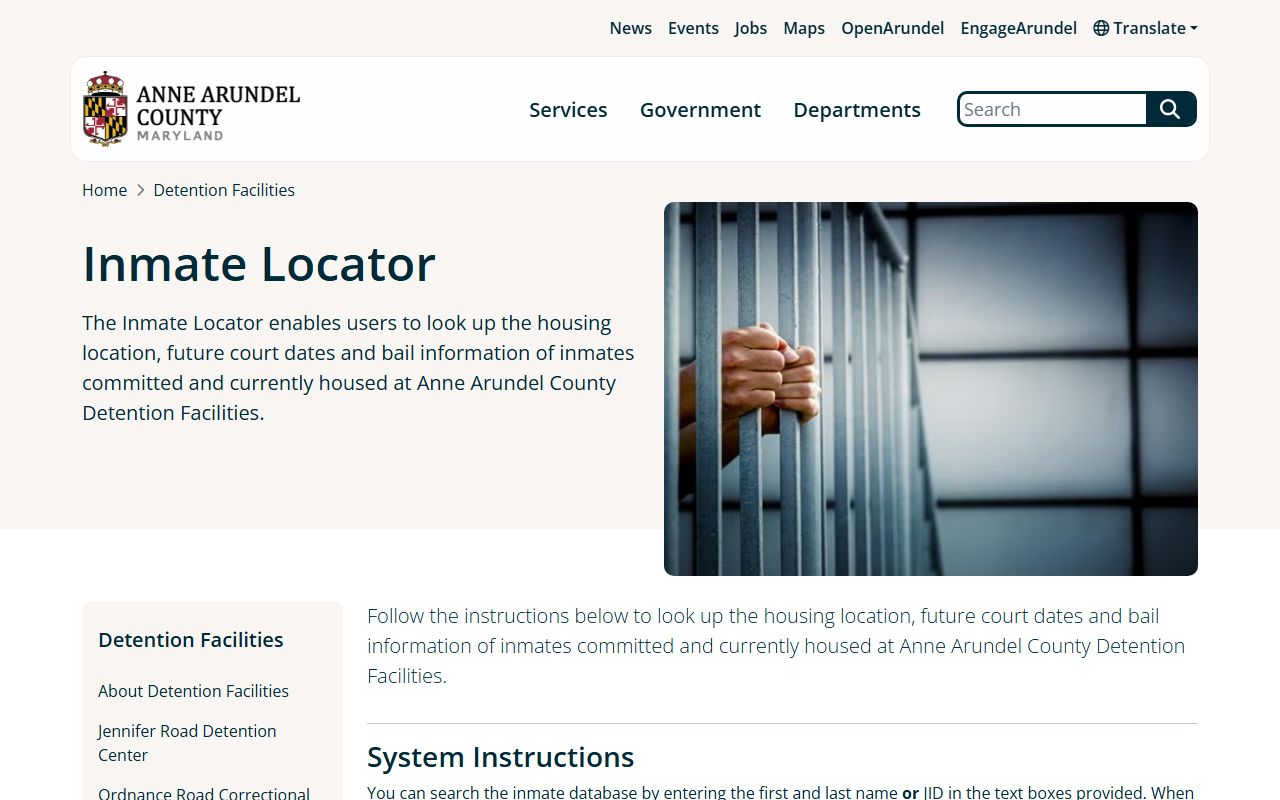 Anne Arundel County inmate locator interface for inmate population searches