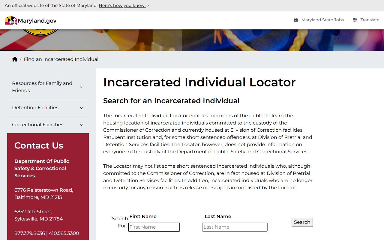 DPSCS inmate locator used for Baltimore County inmate population searches