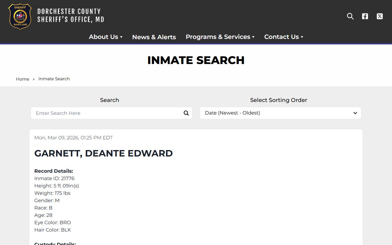 Dorchester County inmate search page showing current inmate population roster