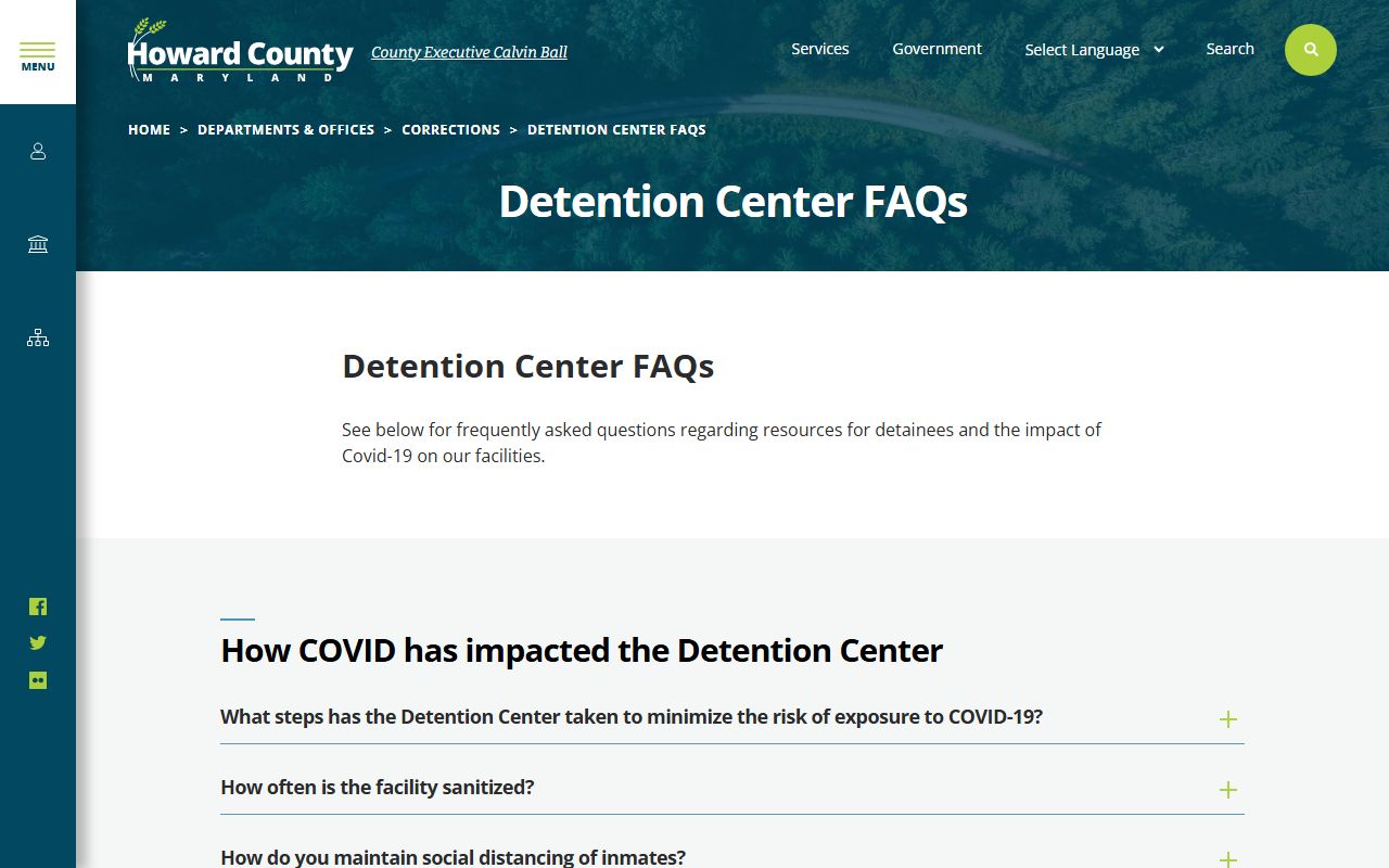 Howard County Detention Center FAQ page for inmate population info