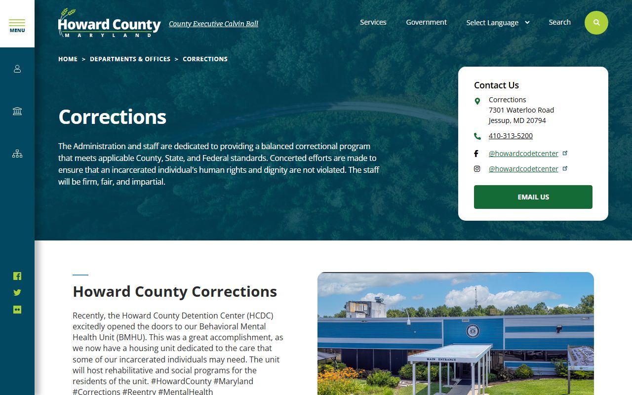 Howard County corrections main page showing inmate population services