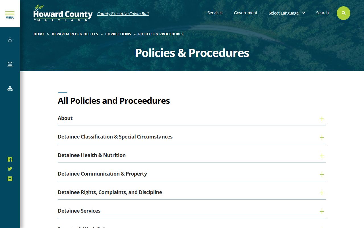 Howard County policies and procedures for inmate population