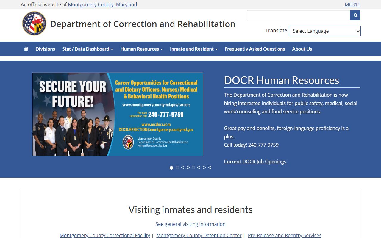 Montgomery County Department of Correction and Rehabilitation main page for inmate population