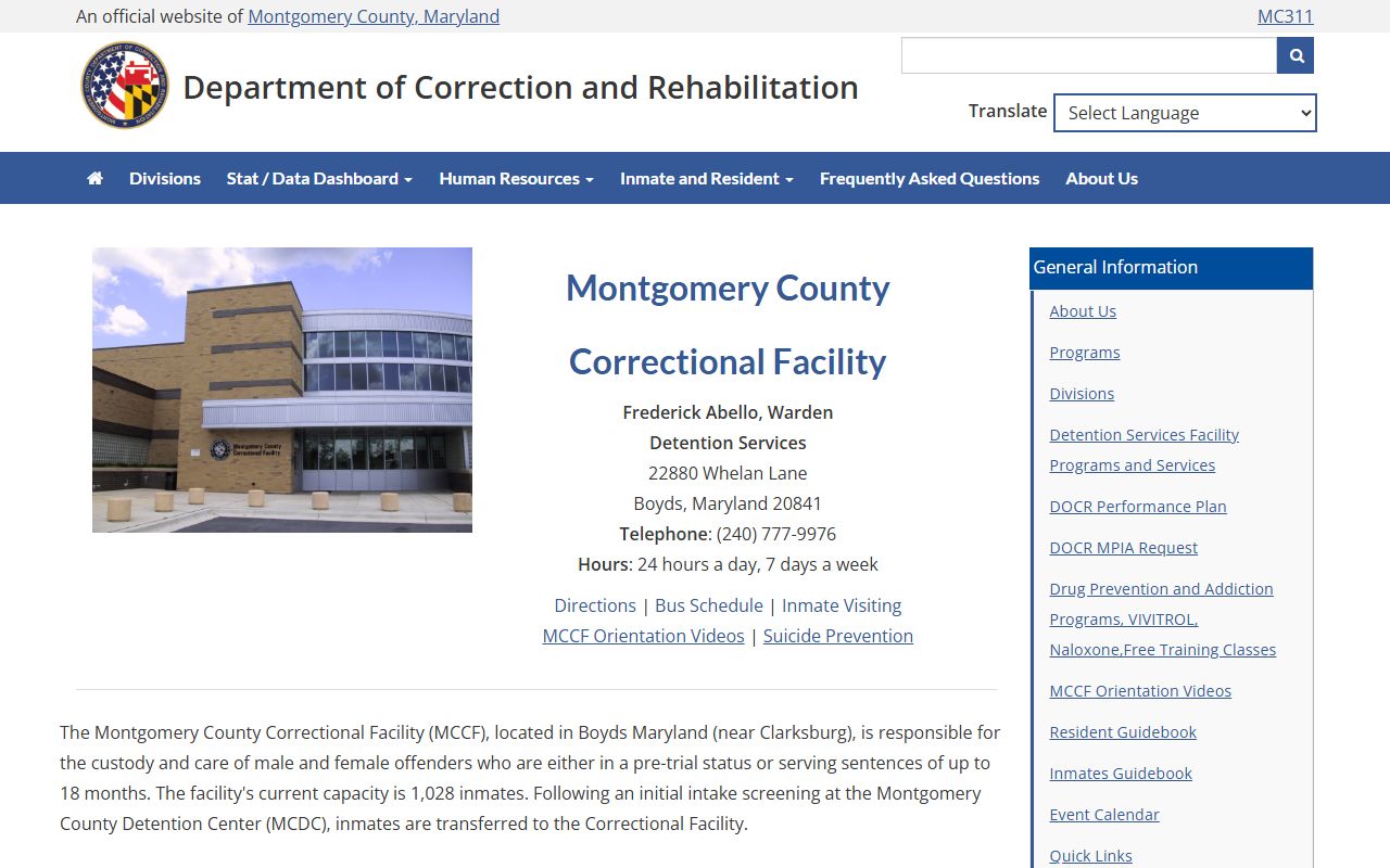 Montgomery County Correctional Facility holding Germantown inmate population