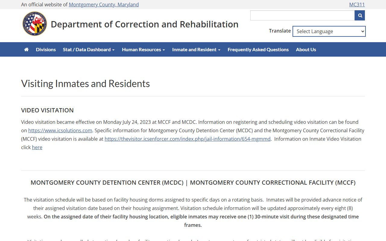 Visitation schedule for Germantown inmates held at Montgomery County facilities