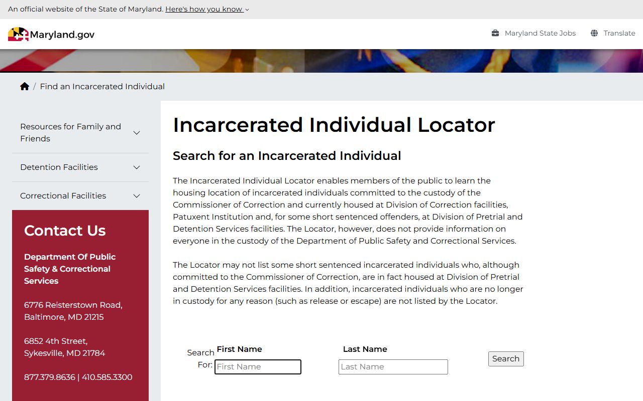 DPSCS inmate locator for searching Columbia inmate population in state custody