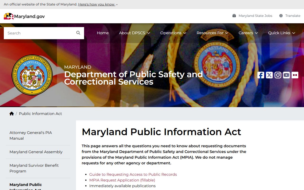 Maryland DPSCS Public Information Act request page for inmate population records
