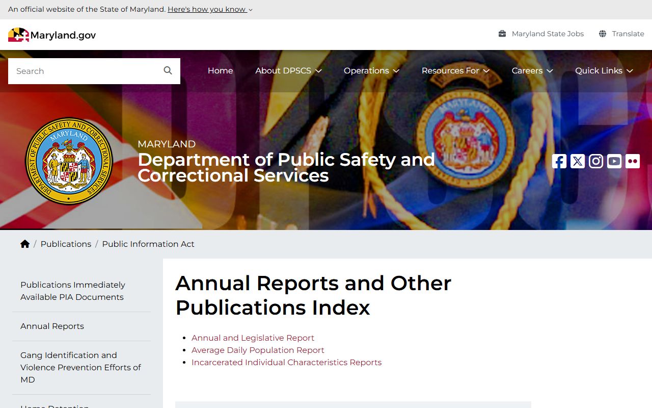 Maryland DPSCS statistics page showing inmate population data
