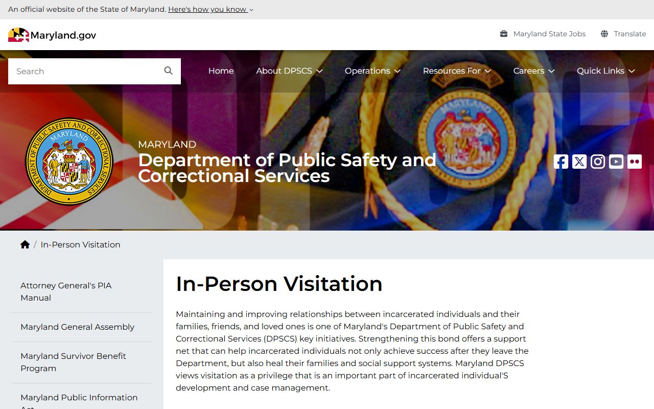 Maryland DPSCS visitation information for inmate population facilities